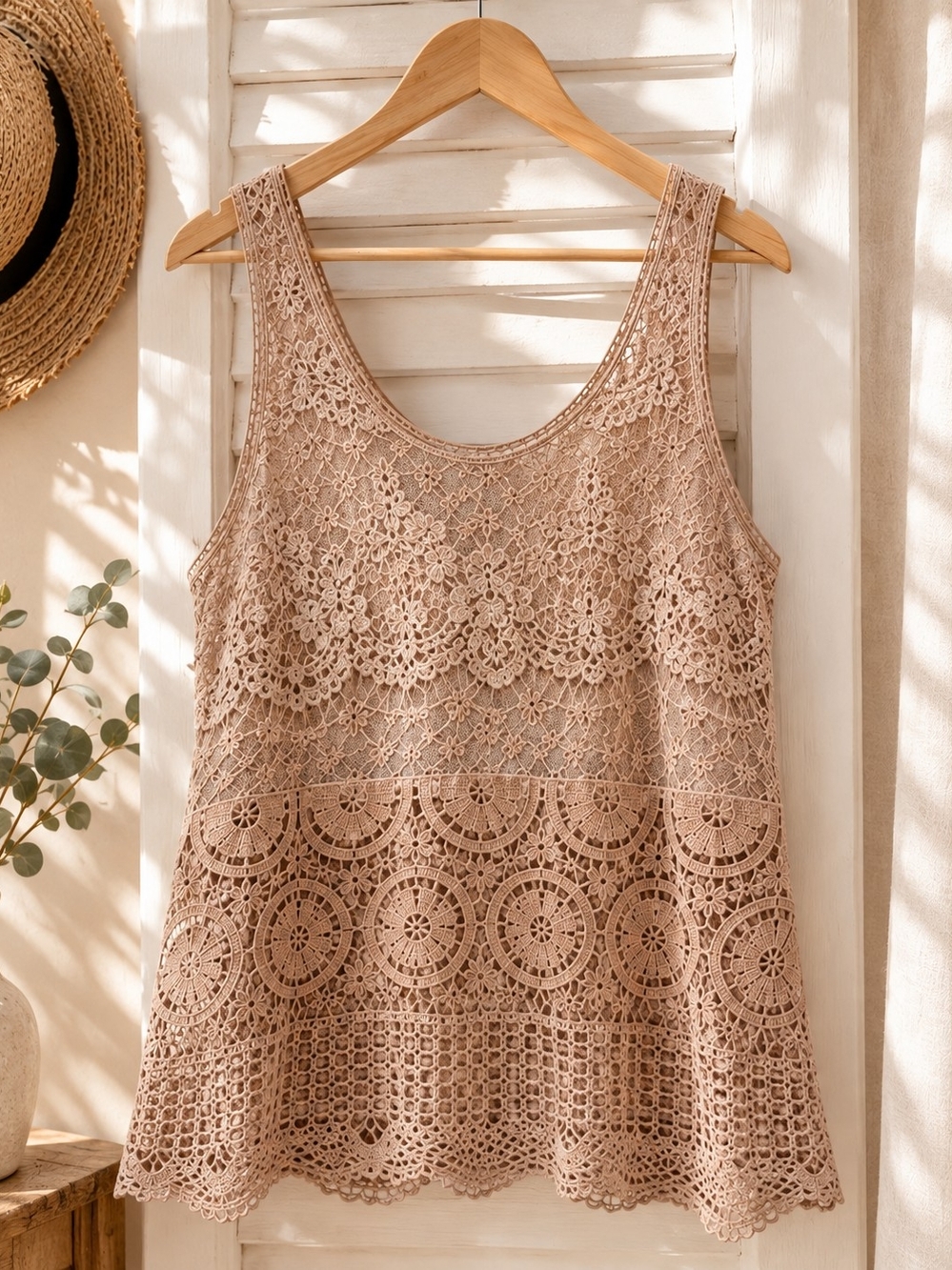 Lace Tank in Taupe/Pink